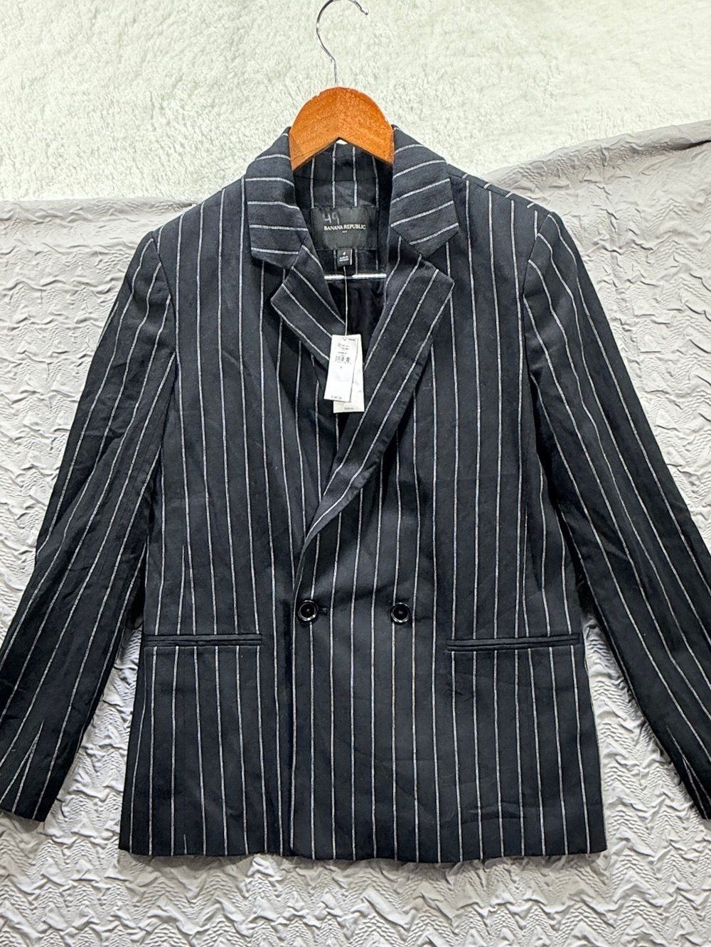 Banana Republic Womens Size 4 Black White Pinstripe Linen Blend Double Breasted